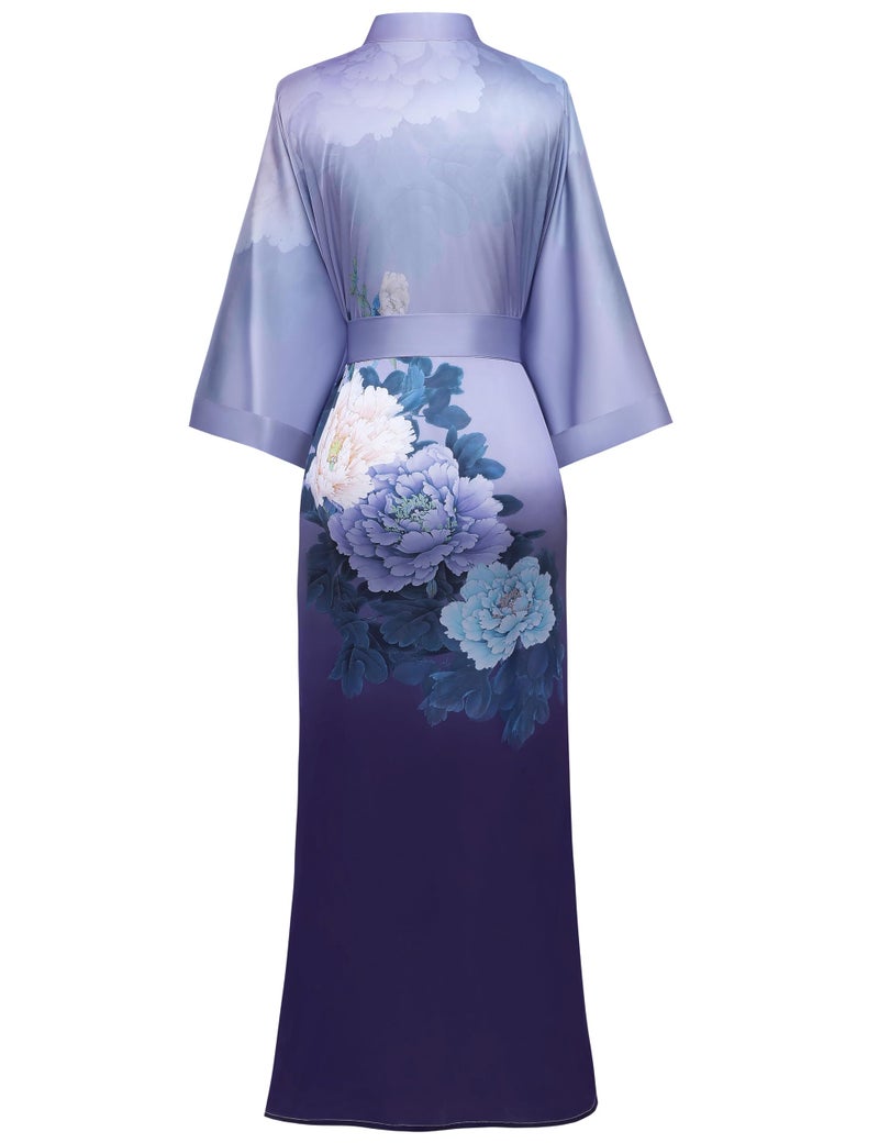 PRODESIGN Long Kimono Robe Satin Sleepwear Gradient Watercolor Silky Kimono Nightgown Bathrobe Blouse Cardigan - Image 2