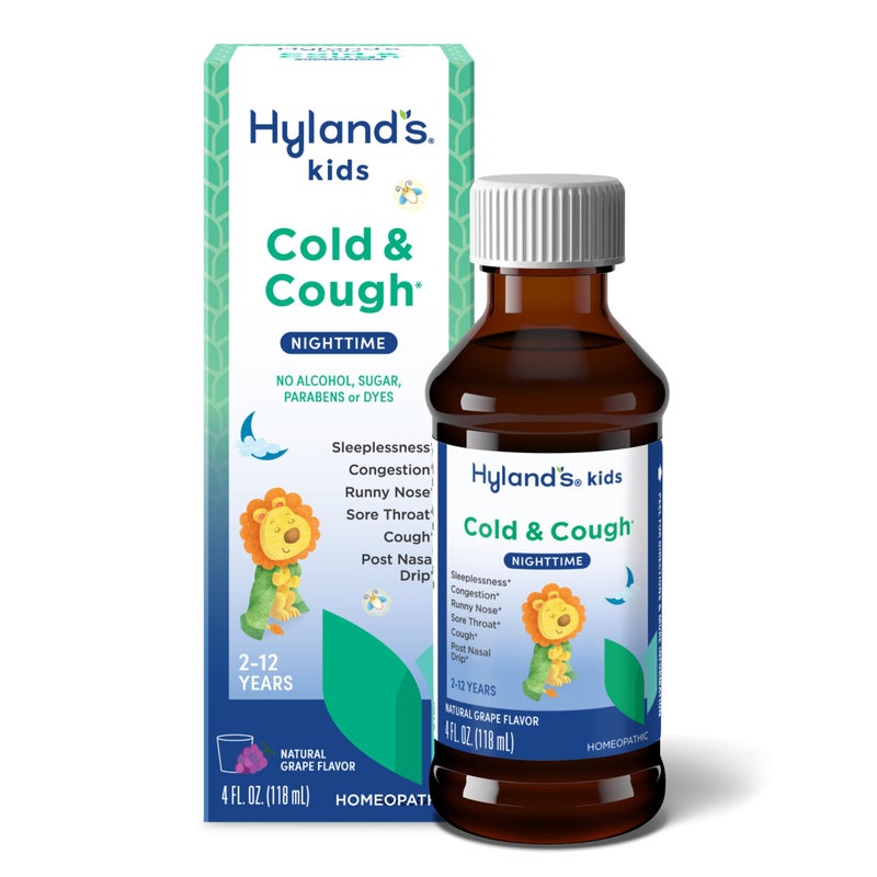Hyland's Hylands Kids Cold and Cough Nighttime Grape Flavor Cough Syrup Medicine for Kids Ages 2 and up Decongestant Sore Throat and Sleeplessness Relief of Common Cold Symptoms 4 Fl Oz