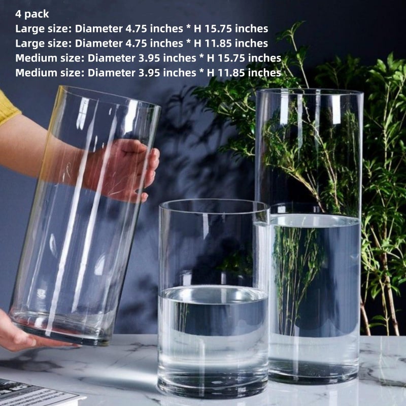 Liotww 4 Pcs Acrylic Clear Cylinder Flower Vase for Plants Bouquet, Unbreakable Hurricane Tall Large Plastic Vases for Wedding Decor, High Hydroponic Floor Vase (H 10" + H 12" 2 Each No Flowers) - Image 3