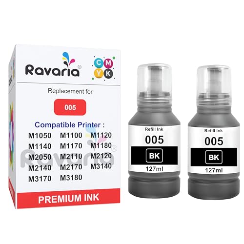 Ravaria 005 Black Ink for Epson M1050 M1100 M1120 M1140 M1170 M1180 M2050 M2110 M2120 M2140 M2170 M3140 M3170 M3180 (005 Black Ink 2 Pcs Pack) - Image 1