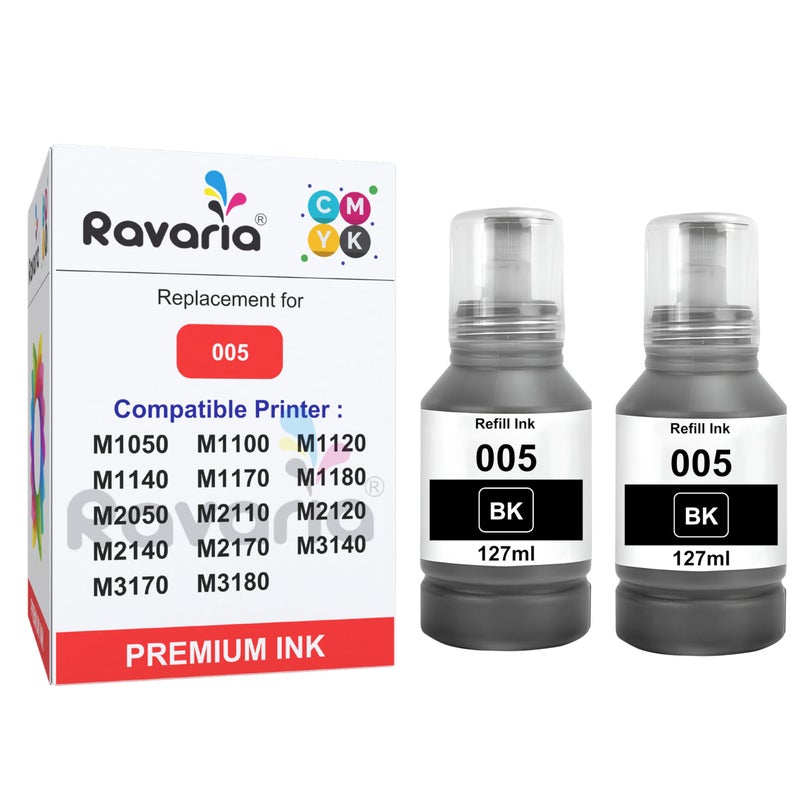 Ravaria 005 Black Ink for Epson M1050 M1100 M1120 M1140 M1170 M1180 M2050 M2110 M2120 M2140 M2170 M3140 M3170 M3180 (005 Black Ink 2 Pcs Pack) - Image 5