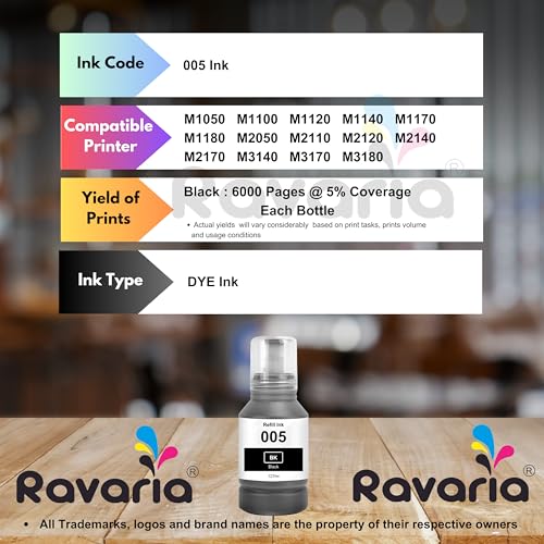 Ravaria 005 Black Ink for Epson M1050 M1100 M1120 M1140 M1170 M1180 M2050 M2110 M2120 M2140 M2170 M3140 M3170 M3180 (005 Black Ink 2 Pcs Pack) - Image 2