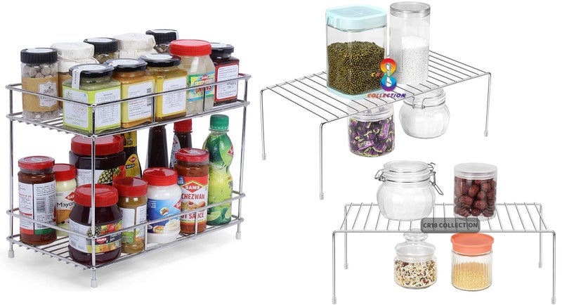 12For Collection Big Size 2 Layer Stainless Steel Spice Rack - Modular Storage Rack - 2Pcs Expandable Dish Rack Shelves for Kitchen Countertop, Step Shelf - Image 1