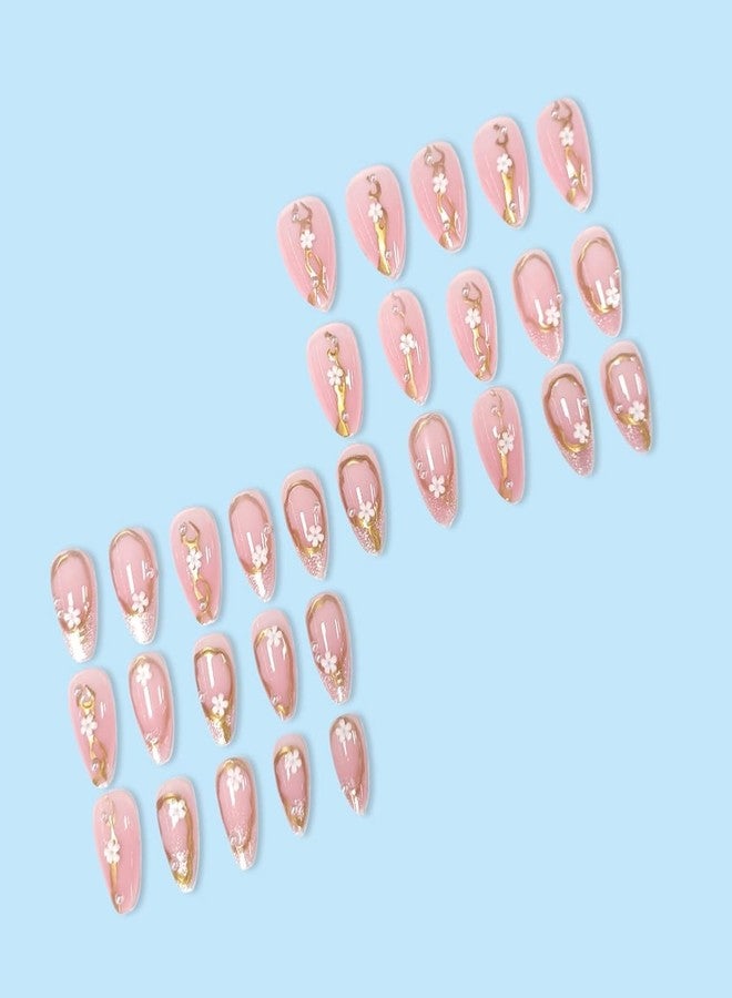 ROKHEVN Flower Press on Nails Medium Almond Fake Nails 3D Gold Line Floral Designs Stick on Nails French Tip False Nails Glossy Spring Acrylic Glue On Nails for Women Nails Art Decoration 24Pcs - Image 2