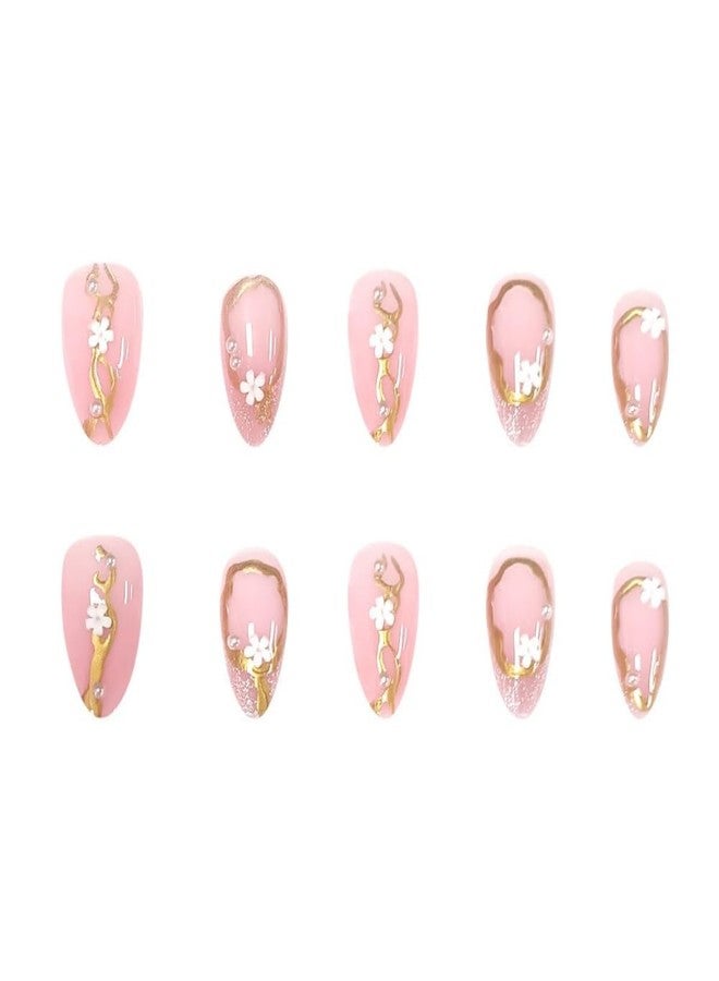 ROKHEVN Flower Press on Nails Medium Almond Fake Nails 3D Gold Line Floral Designs Stick on Nails French Tip False Nails Glossy Spring Acrylic Glue On Nails for Women Nails Art Decoration 24Pcs - Image 3
