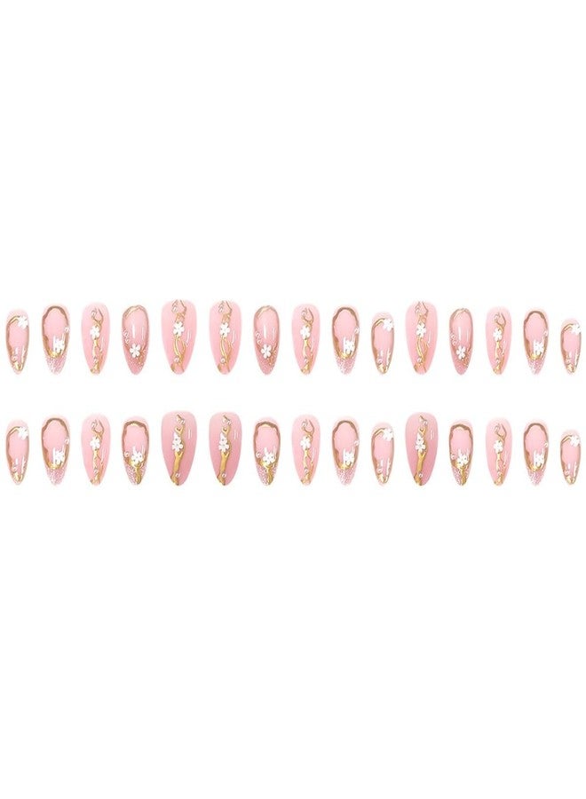 ROKHEVN Flower Press on Nails Medium Almond Fake Nails 3D Gold Line Floral Designs Stick on Nails French Tip False Nails Glossy Spring Acrylic Glue On Nails for Women Nails Art Decoration 24Pcs - Image 4
