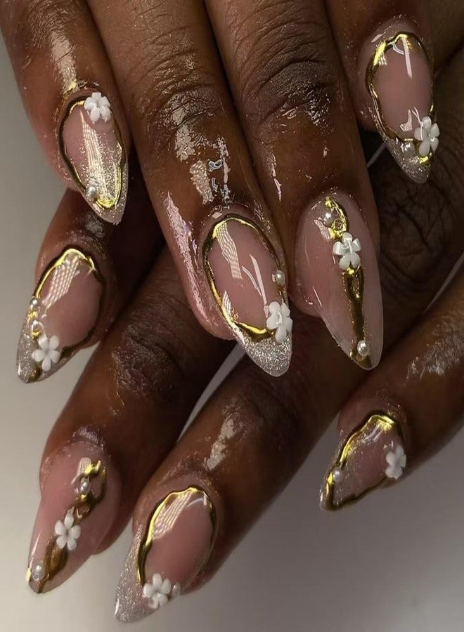 ROKHEVN Flower Press on Nails Medium Almond Fake Nails 3D Gold Line Floral Designs Stick on Nails French Tip False Nails Glossy Spring Acrylic Glue On Nails for Women Nails Art Decoration 24Pcs - Image 1