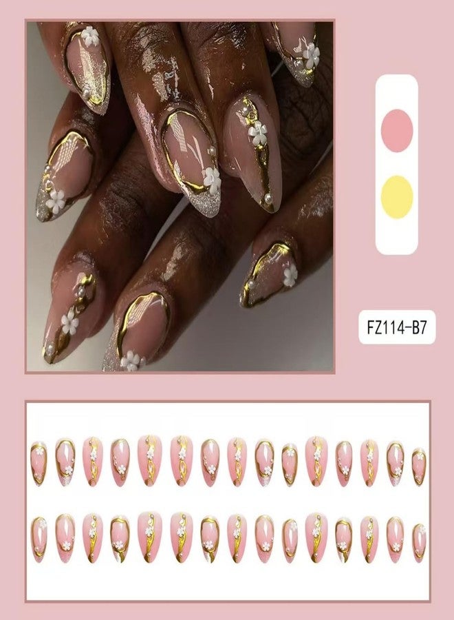 ROKHEVN Flower Press on Nails Medium Almond Fake Nails 3D Gold Line Floral Designs Stick on Nails French Tip False Nails Glossy Spring Acrylic Glue On Nails for Women Nails Art Decoration 24Pcs - Image 5