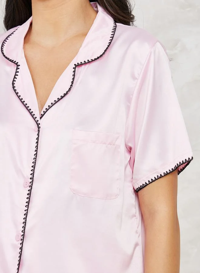 ستايلي Contrast Stitch Edge Satin Shirt & Pyjama Set