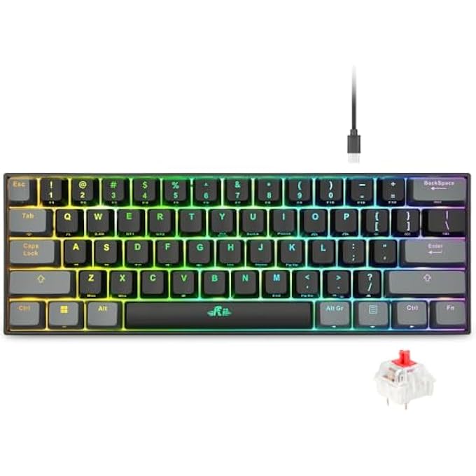 RK لوحة مفاتيح الألعاب، لوحة مفاتيح ميكانيكية 60% للألعاب، لوحة مفاتيح RGB قابلة لإعادة الشحن بنسبة 60 بالمئة مع بلوتوث/USB-C سلكي/2.4GHz، مفتاح أحمر خطي، أغطية مفاتيح PBT، QMK/VIA لنظام ويندوز/ماك/كمبيوتر شخصي/لابتوب (أسود) - Image 1