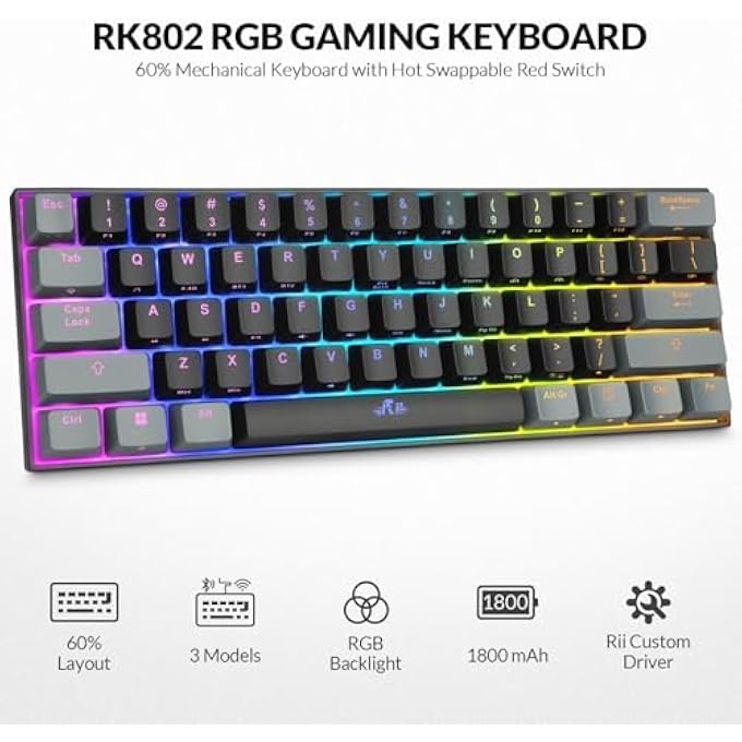 RK لوحة مفاتيح الألعاب، لوحة مفاتيح ميكانيكية 60% للألعاب، لوحة مفاتيح RGB قابلة لإعادة الشحن بنسبة 60 بالمئة مع بلوتوث/USB-C سلكي/2.4GHz، مفتاح أحمر خطي، أغطية مفاتيح PBT، QMK/VIA لنظام ويندوز/ماك/كمبيوتر شخصي/لابتوب (أسود) - Image 2
