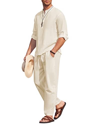 COOFANDY Mens 2 Pieces Cotton Linen Set Long Sleeve Henley Shirts Casual Beach Pants With Pockets Summer Yoga Outfits - Image 1