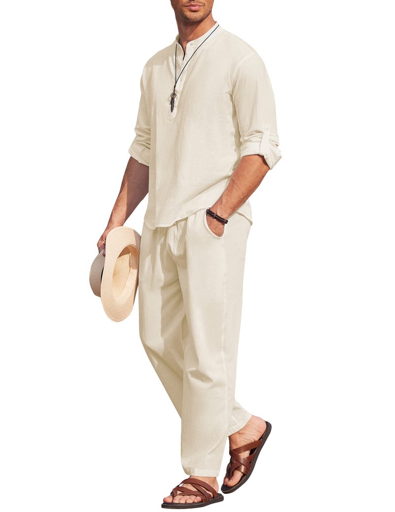 COOFANDY Mens 2 Pieces Cotton Linen Set Long Sleeve Henley Shirts Casual Beach Pants With Pockets Summer Yoga Outfits - Image 3