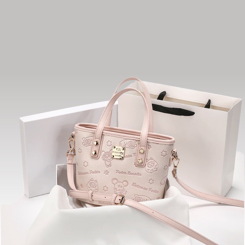 Zr Women'S Bag High-End Ice Plum Powder Embossed Bucket Bag Women'S Trendy Satchel Crossbody Bag Bear Tote Bag - Image 1