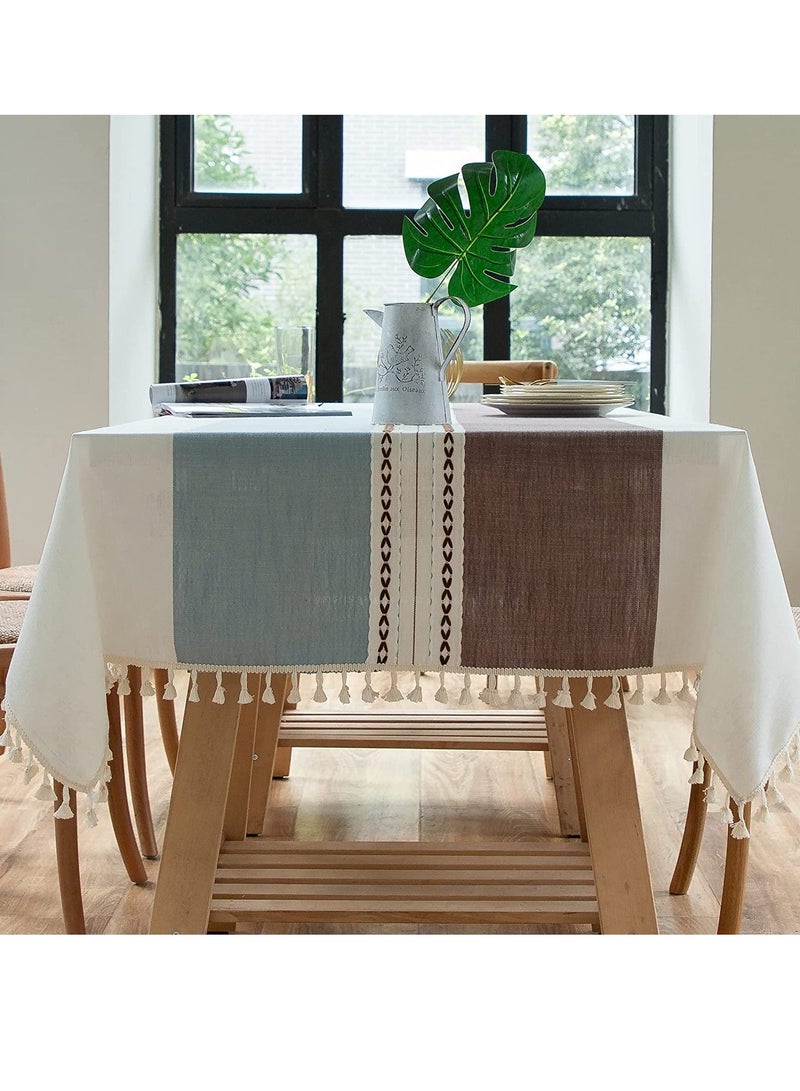 KASTWAVE Tablecloth, Rectangular Cotton Linen Washable Table Cloth with Tassel, Table Decoration Cloth for Rectangle Oblong Table, Kitchen, Dining, Tea Table Tabletop Decoration 55 x 71 inch, Blue Brown - Image 1