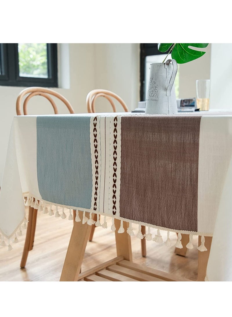KASTWAVE Tablecloth, Rectangular Cotton Linen Washable Table Cloth with Tassel, Table Decoration Cloth for Rectangle Oblong Table, Kitchen, Dining, Tea Table Tabletop Decoration 55 x 71 inch, Blue Brown - Image 4
