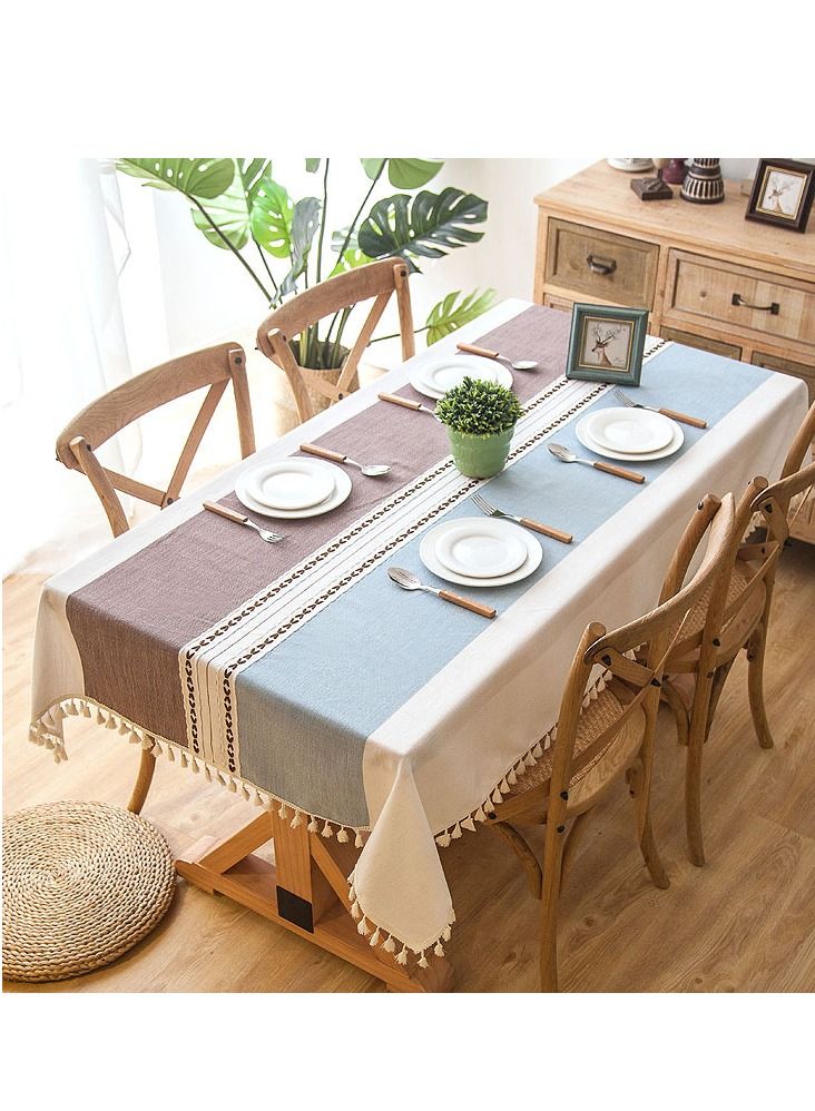 KASTWAVE Tablecloth, Rectangular Cotton Linen Washable Table Cloth with Tassel, Table Decoration Cloth for Rectangle Oblong Table, Kitchen, Dining, Tea Table Tabletop Decoration 55 x 71 inch, Blue Brown - Image 5