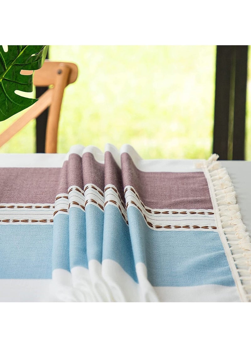 KASTWAVE Tablecloth, Rectangular Cotton Linen Washable Table Cloth with Tassel, Table Decoration Cloth for Rectangle Oblong Table, Kitchen, Dining, Tea Table Tabletop Decoration 55 x 71 inch, Blue Brown - Image 2