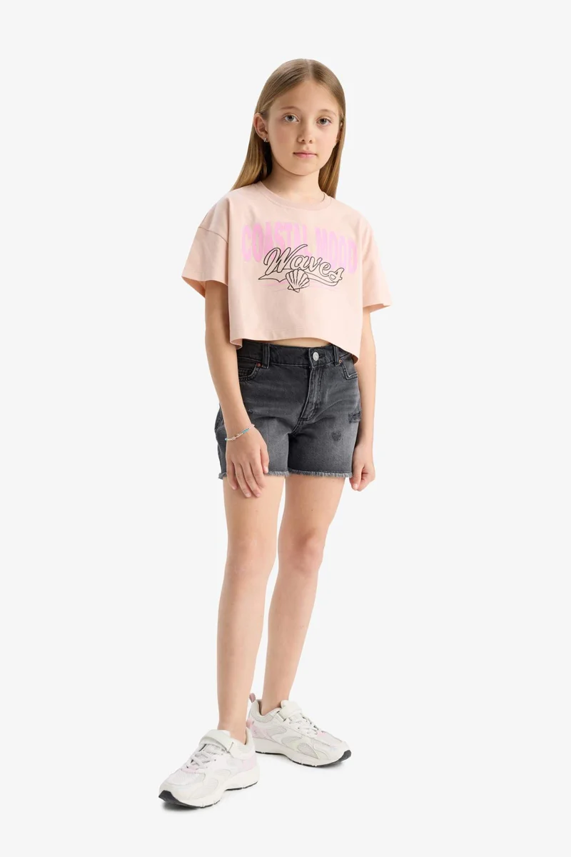 ديفاكتو Girl Crew Neck Short Sleeve Crop T-Shirt