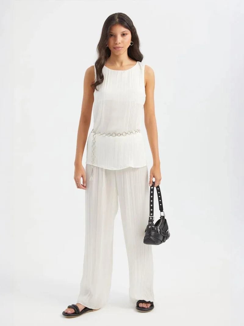 HICCUP Round Neck Plisse Blouse with a Belt Detail