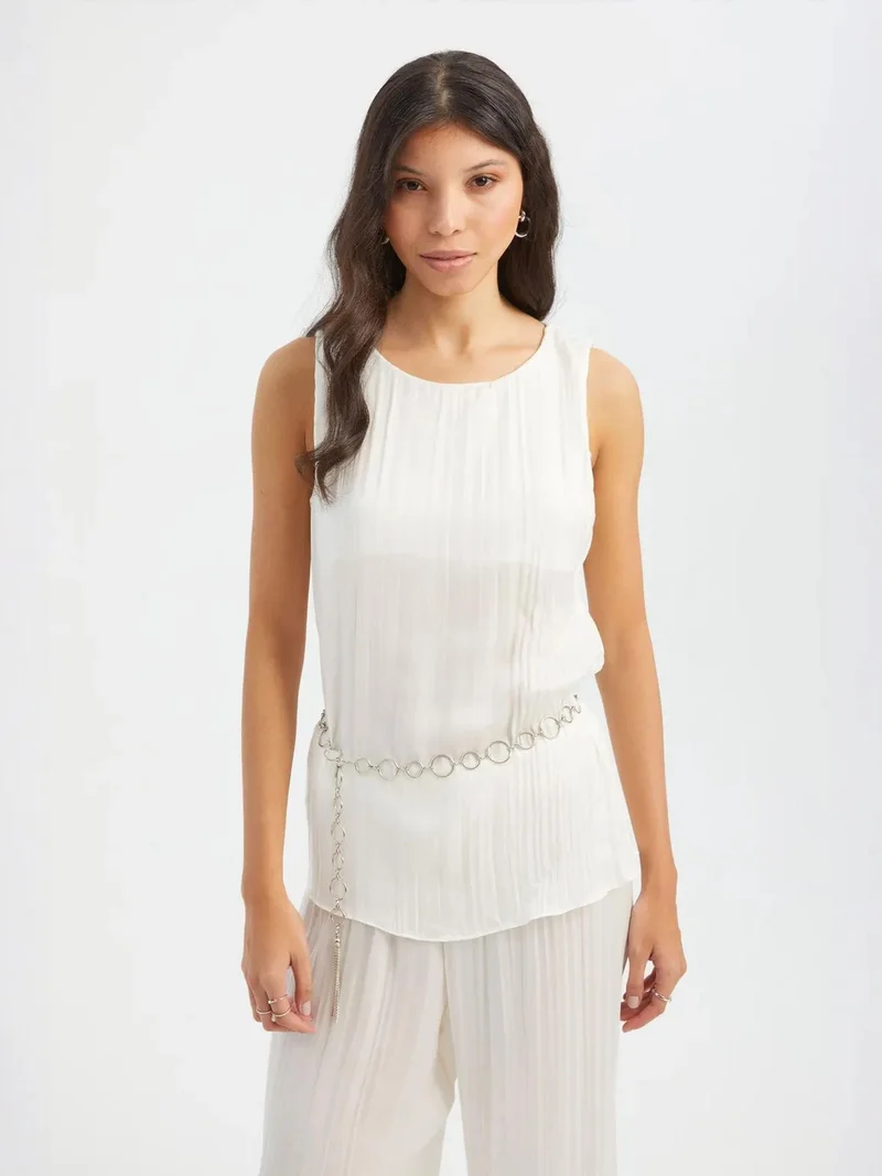 HICCUP Round Neck Plisse Blouse with a Belt Detail