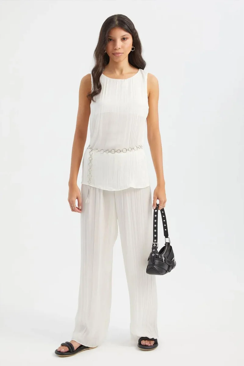 Hiccup Round Neck Plisse Blouse with a Belt Detail