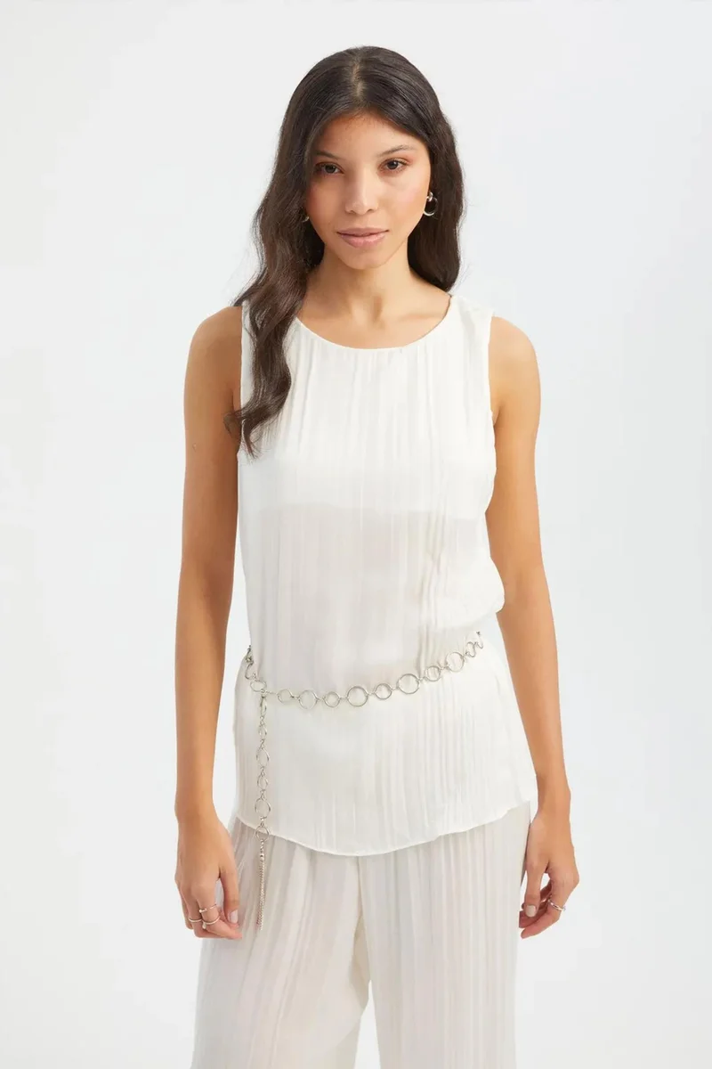 Hiccup Round Neck Plisse Blouse with a Belt Detail