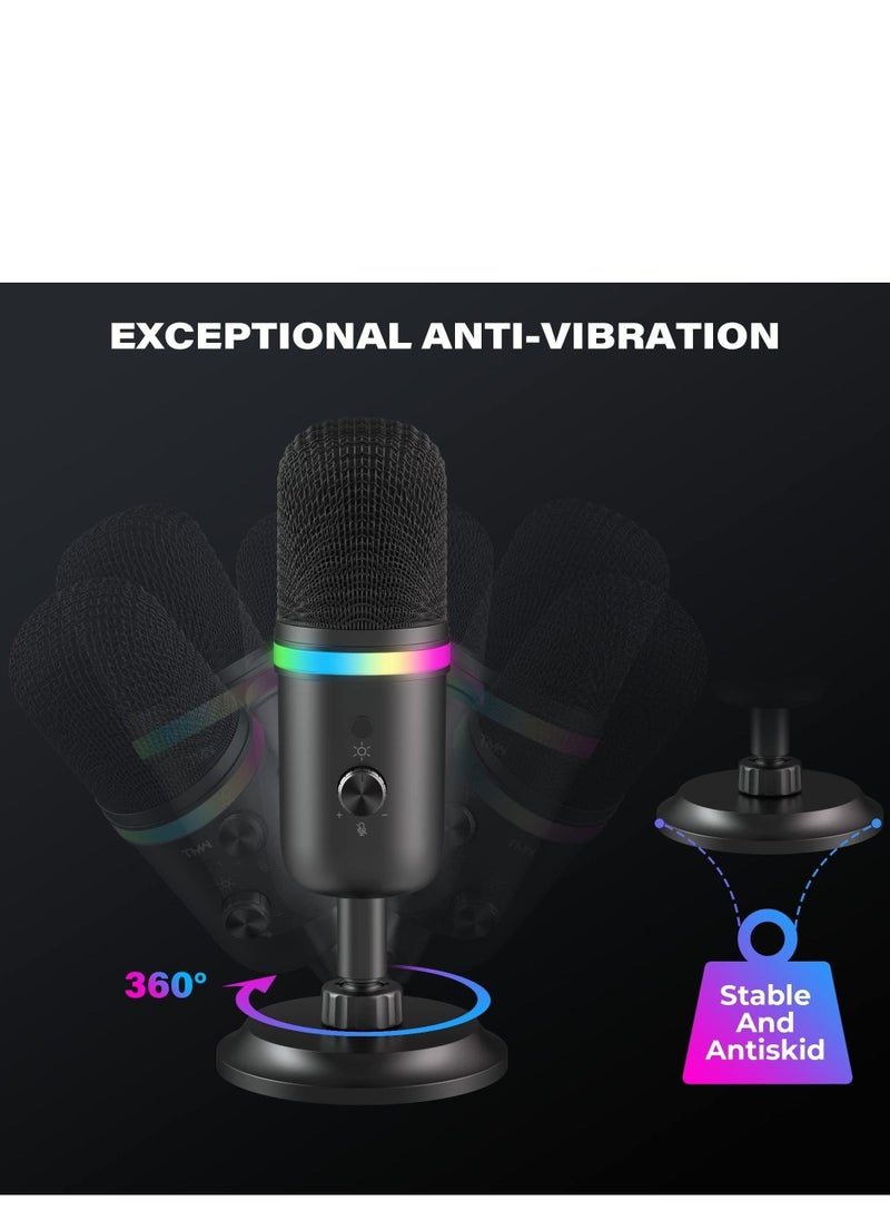 USB Microphone - Computer Condenser Gaming Mic for PC/Laptop/Phone/PS4/5, Headphone Output, Volume Control, USB Type C Plug and Play, Mute Button, for Streaming, Podcast, Studio Recording