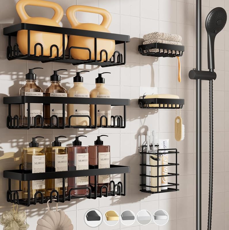 JIALTO Stainless Steel Shower Caddy 6-Pack, Adhesive Bathroom Shelves Rack with Soap Holder, Large Capacity Organizers and Storage, No Drilling Wall-Mounted for Kitchen & Home Decor, Bath Décor - Image 1