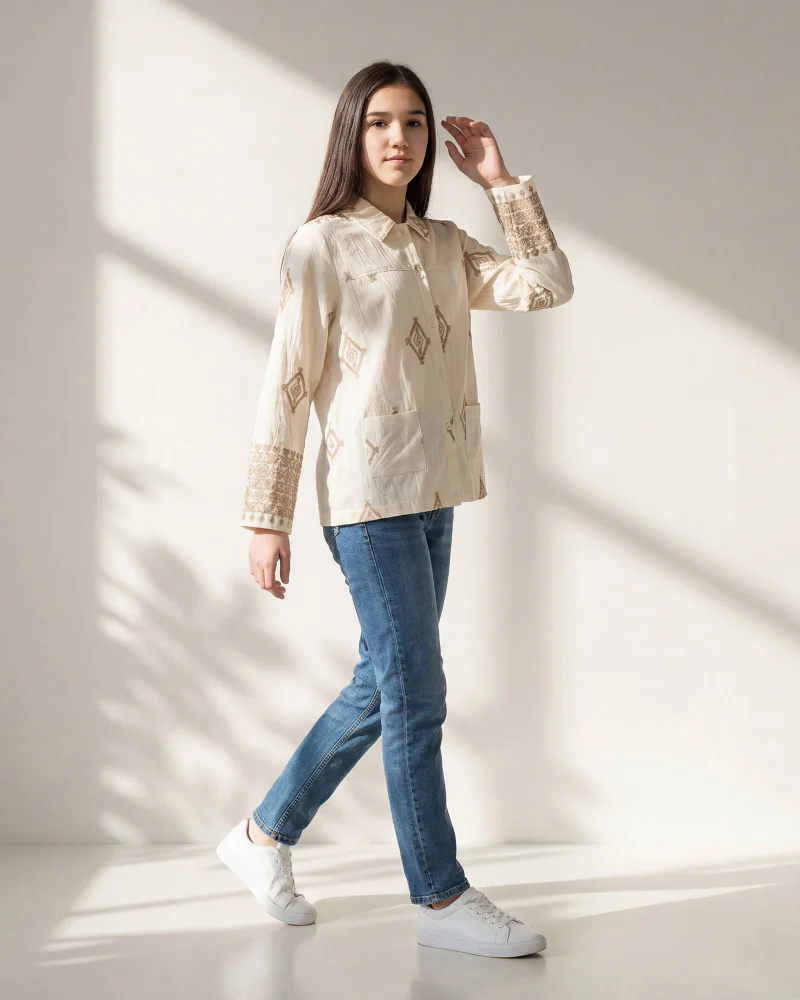 Redtag Senior Girls White Embroidered Lurex Blouse