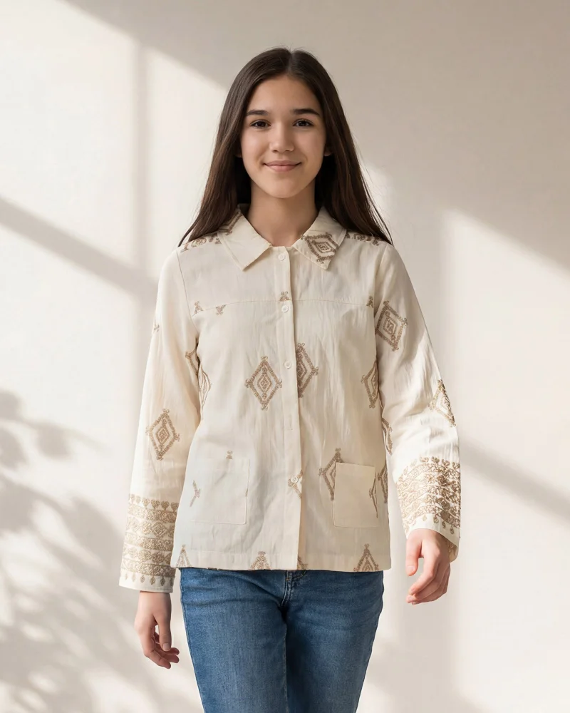 Redtag Senior Girls White Embroidered Lurex Blouse