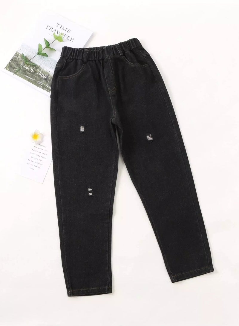 Girls Elastic Waist Ripped Mom Fit Jeans  - Image 1