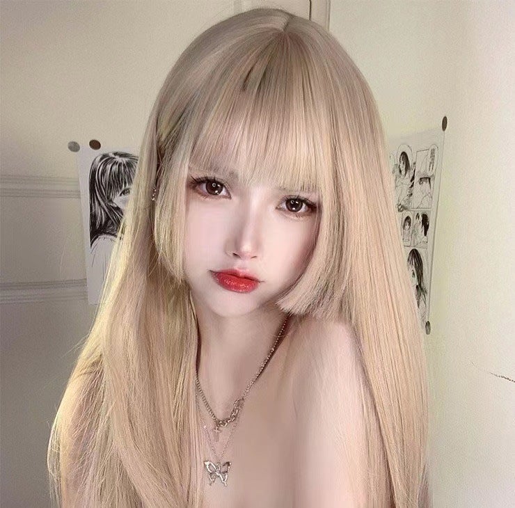 Korean style womens group wig wine red long straight hair full top wig womens long straight hair straight bangs high temperature silk chemical fiber wig Light pink