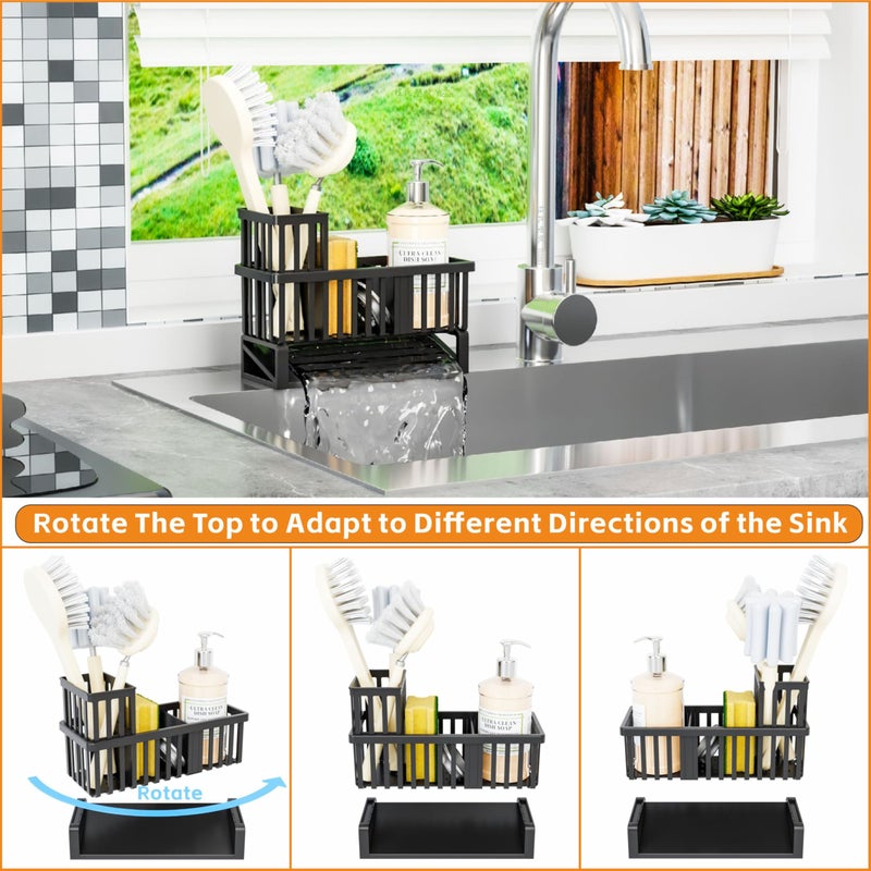 Yieach Rustproof Kitchen Sink Caddy Organizer,Durable Plastic Scrubber,Drain,Dish Sponge Holder,Dish Soap Rack and Dispenser,Multifunctional Kitchen Sink Counter Storage Organization Accessories,Black - Image 4