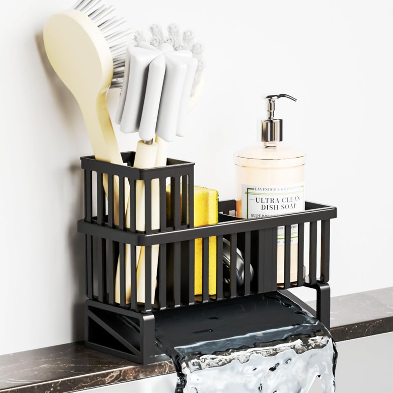 Yieach Rustproof Kitchen Sink Caddy Organizer,Durable Plastic Scrubber,Drain,Dish Sponge Holder,Dish Soap Rack and Dispenser,Multifunctional Kitchen Sink Counter Storage Organization Accessories,Black - Image 1