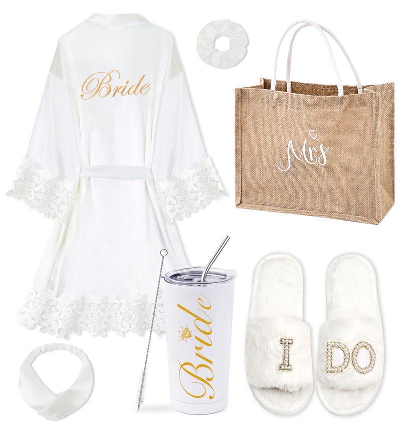 EPLAZA 6 Pcs Bride Robe for Wedding Day Set Bridal Robe with Slippers Tumbler Tote Lace Trim Wedding Robes for Bachelor Party (White, Small-Medium) - Image 1