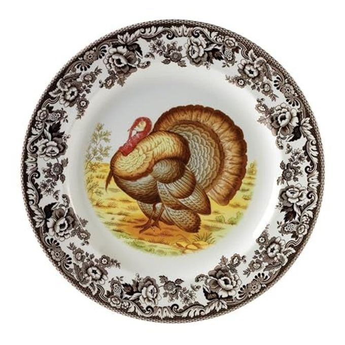 Spode Woodland Turkey Round Platter - 12" Fine Porcelain Serving Tray with British Flowers Border, Rustic Thanksgiving Design - Microwave, Dishwasher, Freezer & Warm Oven Safe - Made in England