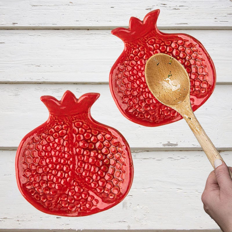 GABROC Pomegranate Shaped Ceramic Spoon Holder  2 Pcs Stove Top  Counter Rest 