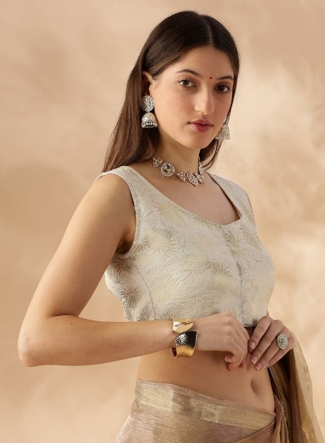 Abhishti sleeveless deep neck zari banarasi blouse-Cream  - Image 3