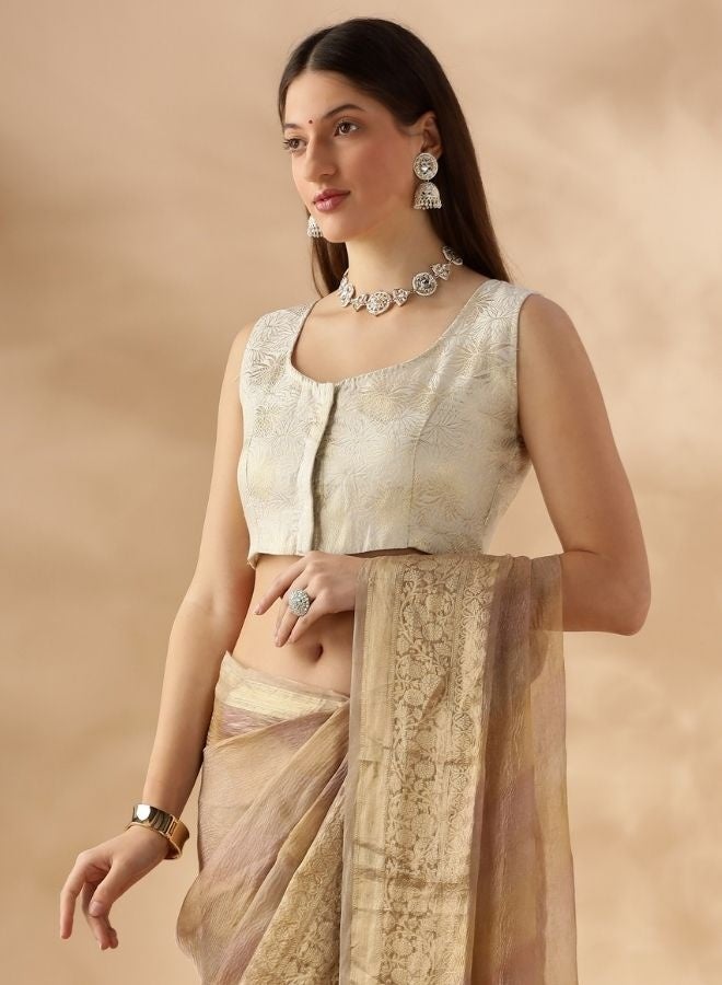 Abhishti sleeveless deep neck zari banarasi blouse-Cream  - Image 4