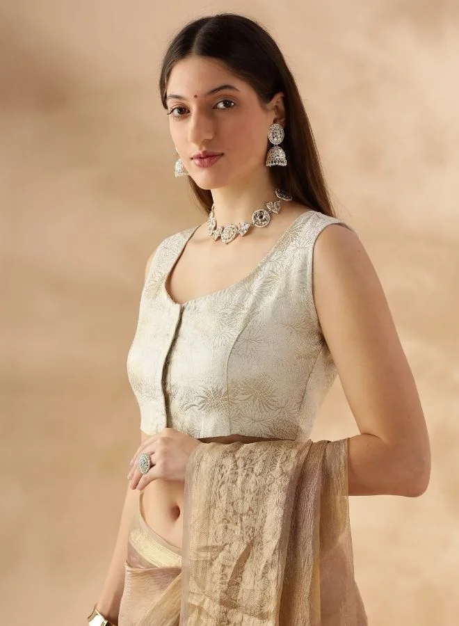 Abhishti sleeveless deep neck zari banarasi blouse-Cream