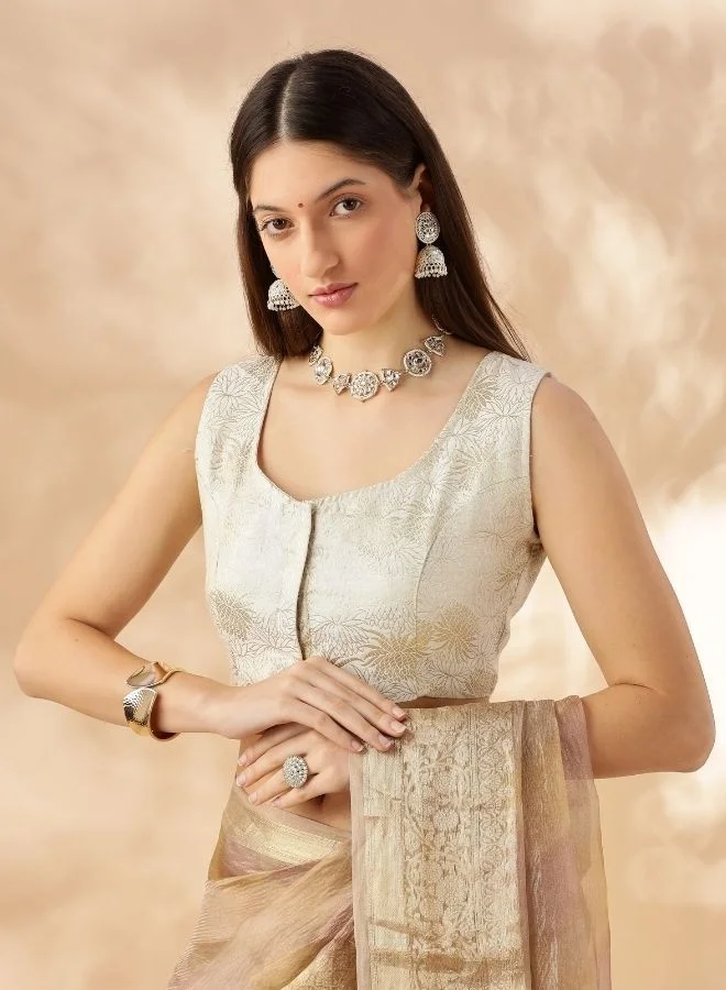 Abhishti sleeveless deep neck zari banarasi blouse-Cream