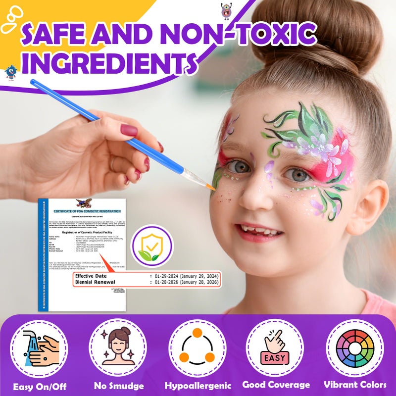 Toyze Face Painting Kit for Kids, 24 Colors Water Based Non-Toxic Face Paint with Stencils & Brushes, Professional Body Makeup Set for Halloween, Birthday, Parties with Guide Book Art and Craft Art Supplies - Image 2