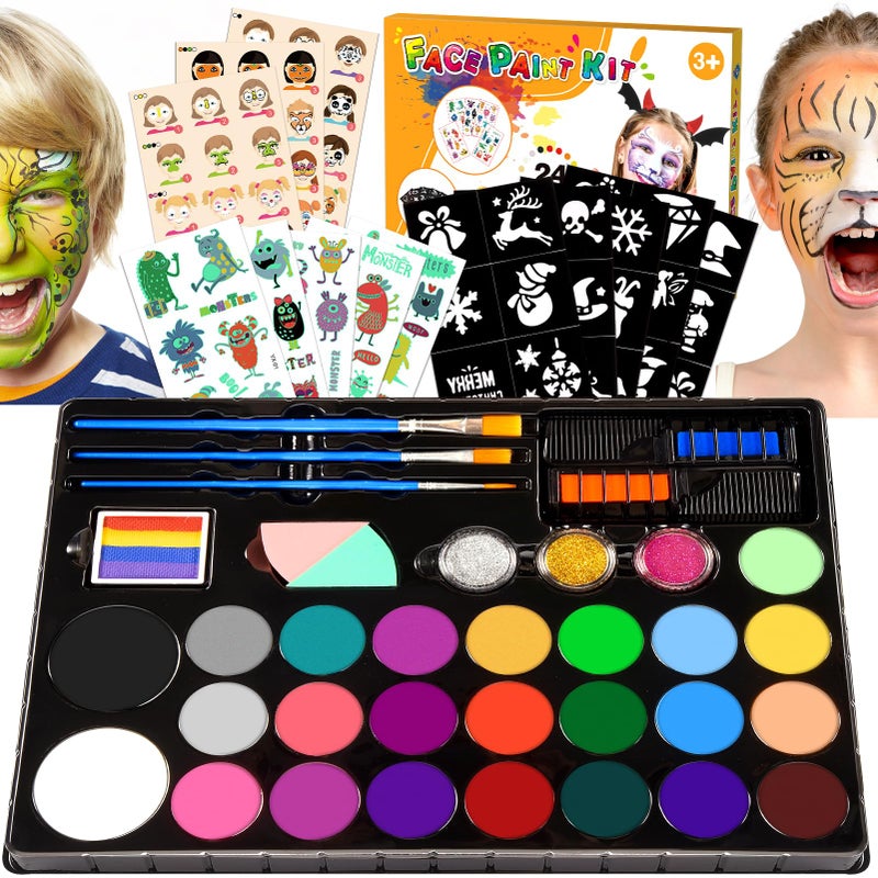 Toyze Face Painting Kit for Kids, 24 Colors Water Based Non-Toxic Face Paint with Stencils & Brushes, Professional Body Makeup Set for Halloween, Birthday, Parties with Guide Book Art and Craft Art Supplies - Image 1