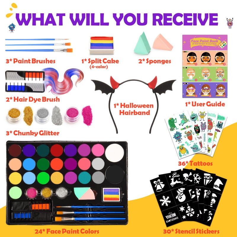 Toyze Face Painting Kit for Kids, 24 Colors Water Based Non-Toxic Face Paint with Stencils & Brushes, Professional Body Makeup Set for Halloween, Birthday, Parties with Guide Book Art and Craft Art Supplies - Image 3