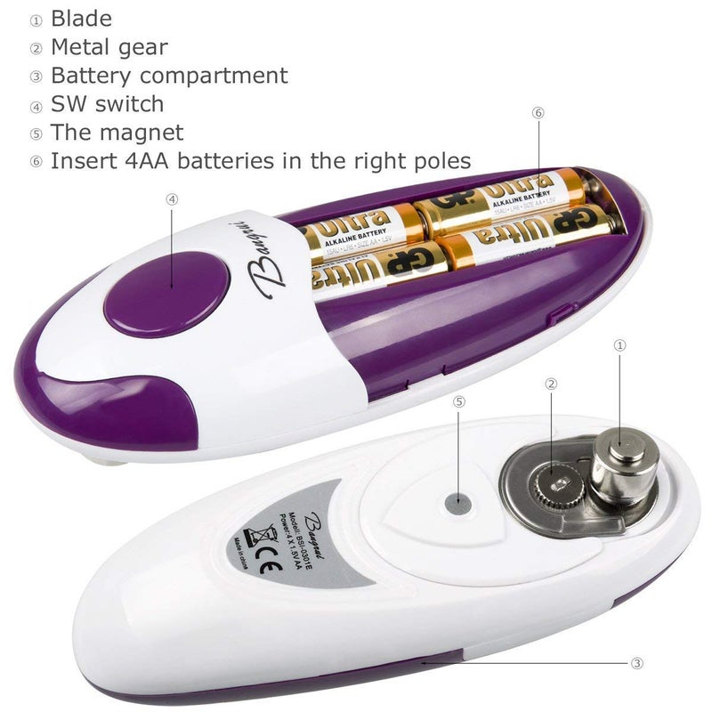 Bangrui Kitchen Automatic Safety Cordless One Tin Opener&Bangrui Professional Electric Opener.One-touch switch .Smooth can edge.Being friendly to left-hander and arthritics!(Purple) - Image 3