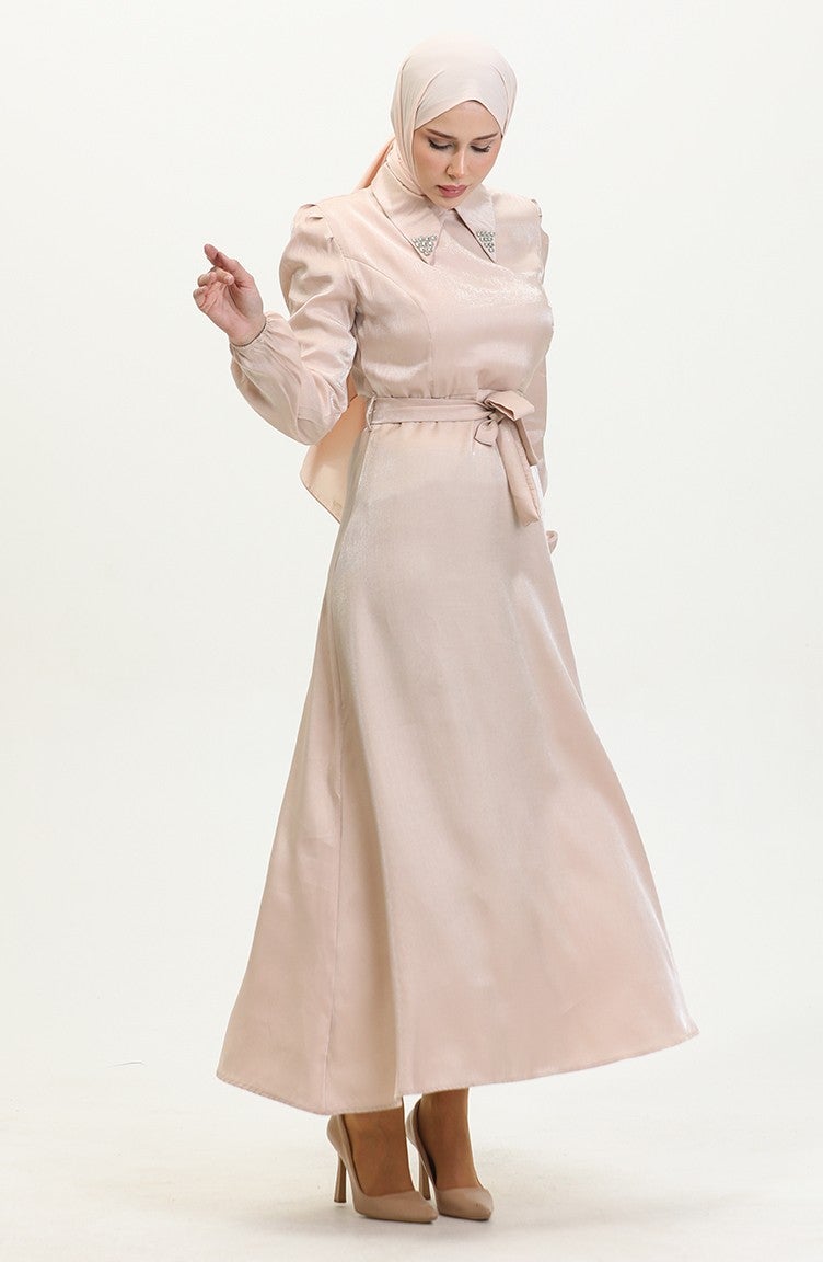 Sefa Merve Glittery Linen Belted Dress 81857-03 Beige - Image 1