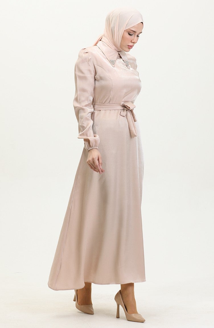 Sefa Merve Glittery Linen Belted Dress 81857-03 Beige - Image 3