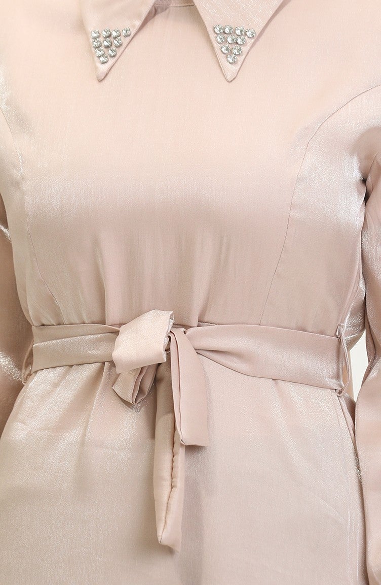 Sefa Merve Glittery Linen Belted Dress 81857-03 Beige - Image 5