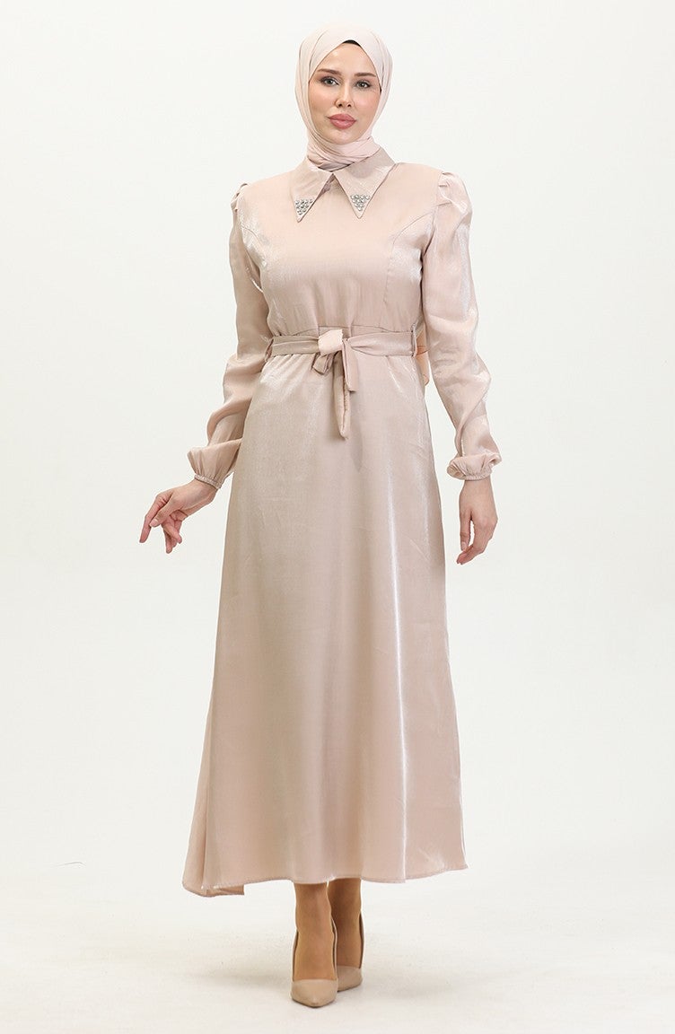 Sefa Merve Glittery Linen Belted Dress 81857-03 Beige - Image 2